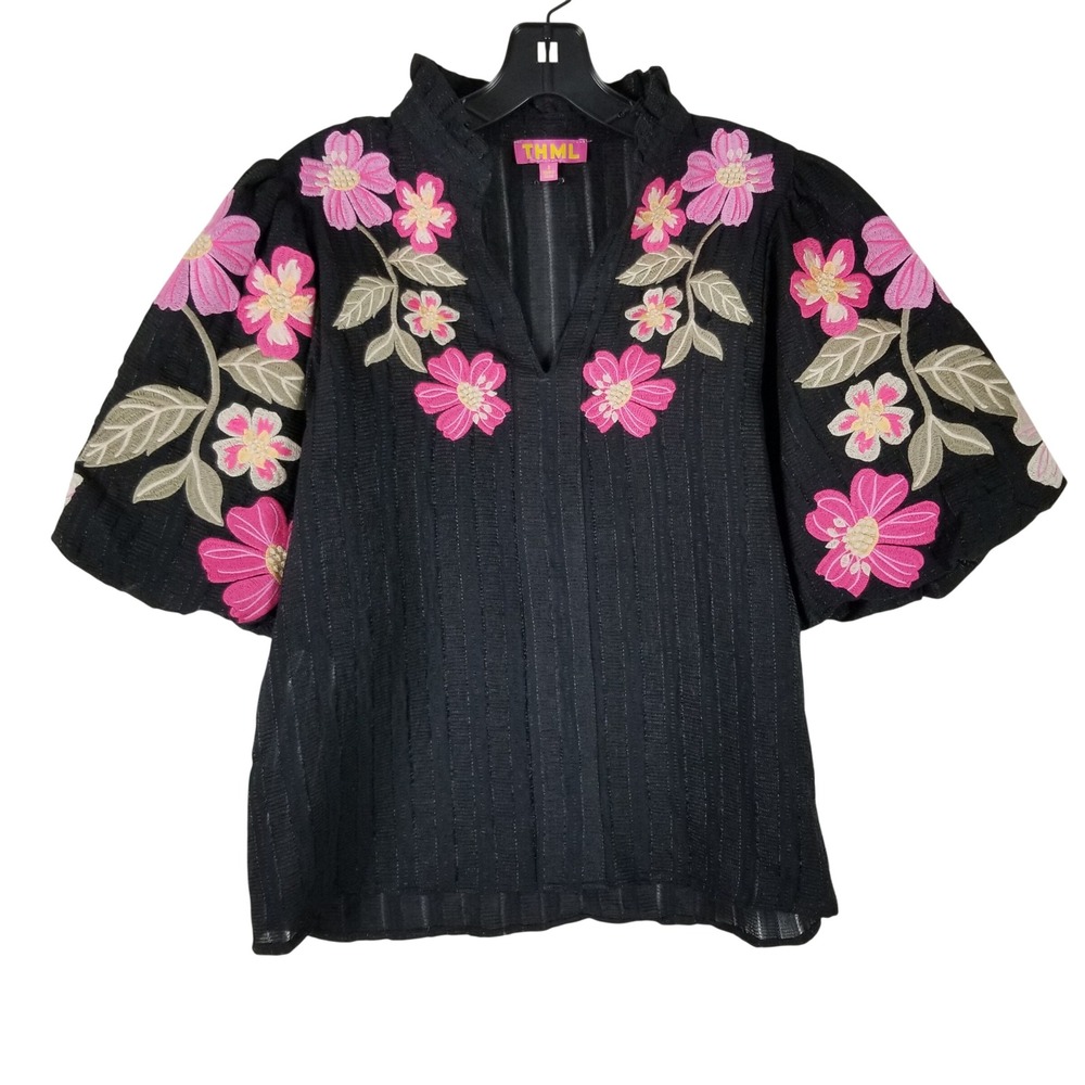 THML Blouse Women Small Black Pink Floral Embroidered Puff Sleeve WCT2896-2-BK